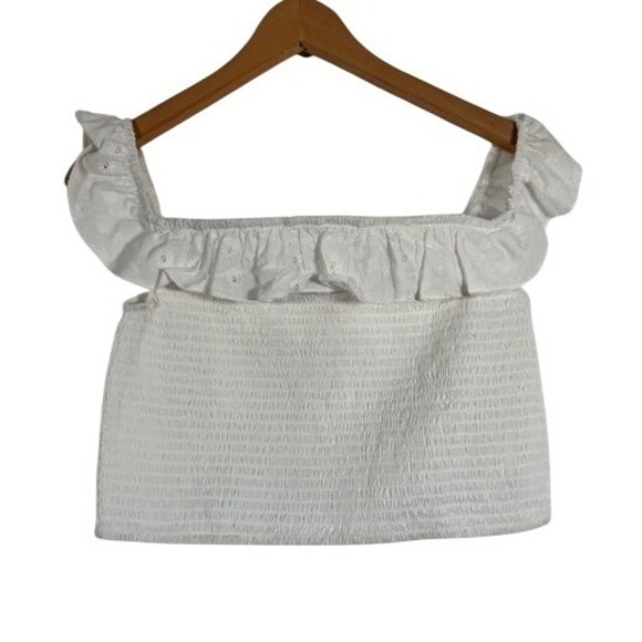 wild fable Tops - Wild Fable White Eyelet Ruffle Smocked Off Shoulder‎ Crop Top Women's Medium